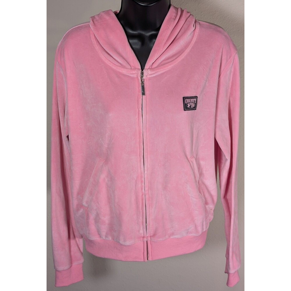 County FB Pink Velour Zip-Up Hoodie Jacket Large